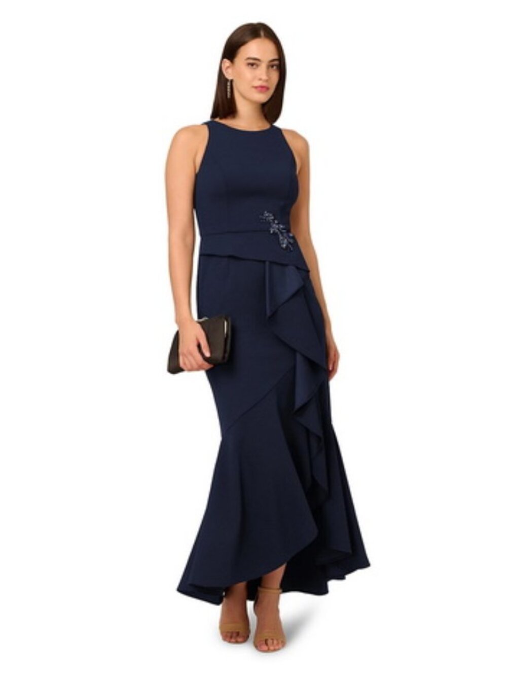 Adrianna Papell Midnight Blue Studio Beaded Crepe Halter Ruffle Gown